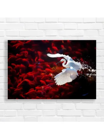 Graceful Egret & Koi Pond Canvas Print - Serene Nature Art